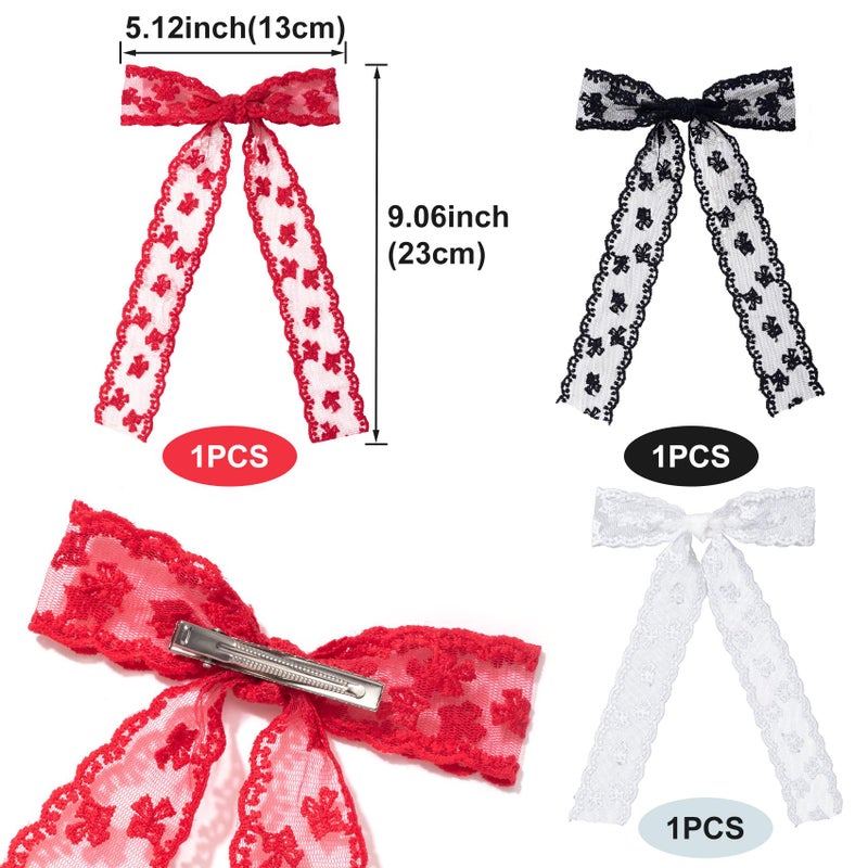 CustomyLife 3pcs Lace Hair Bow Clip, Coquette Bow Barrettes Black Red White Long Tail Ribbon Hair Bows for Women Christmas Valentines Wedding Prom Decorative Accessories - Image 2