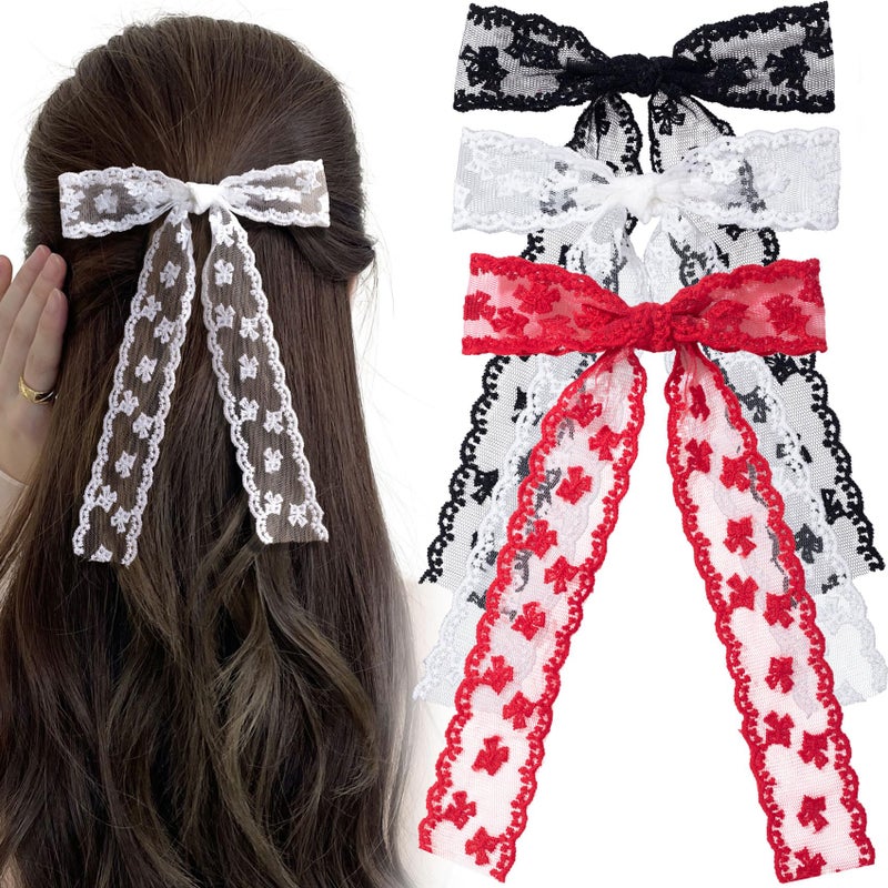 CustomyLife 3pcs Lace Hair Bow Clip, Coquette Bow Barrettes Black Red White Long Tail Ribbon Hair Bows for Women Christmas Valentines Wedding Prom Decorative Accessories - Image 1