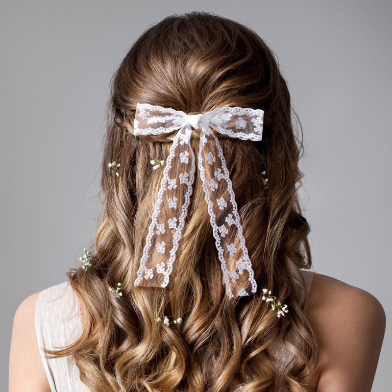 CustomyLife 3pcs Lace Hair Bow Clip, Coquette Bow Barrettes Black Red White Long Tail Ribbon Hair Bows for Women Christmas Valentines Wedding Prom Decorative Accessories - Image 5