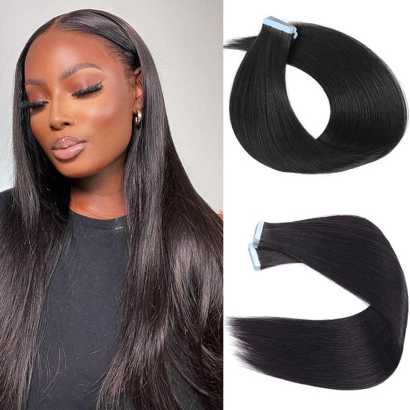 Tape in Hair Extensions Human Hair 40 Pcs Light Yaki Straight Tape in Extensions for Black Women Urbeauty Seamless Invisible Tape Hair Extensions Real Human Hair Natural Black Color 16 Inch