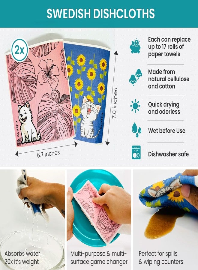 Blumix مجموعة مناديل التنظيف الصديقة للبيئة من بلومكس - مجموعة قابلة لإعادة الاستخدام مكونة من 7 قطع | 2 من مناديل المطبخ السويدية، 2 من الإسفنجات السليلوزية، 2 من مناديل تنظيف الزجاج، 1 مناديل فرك سلكية | منخفضة النفايات، أساسيات نباتية - Image 3