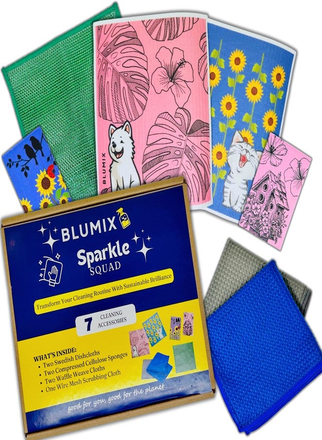 Blumix مجموعة مناديل التنظيف الصديقة للبيئة من بلومكس - مجموعة قابلة لإعادة الاستخدام مكونة من 7 قطع | 2 من مناديل المطبخ السويدية، 2 من الإسفنجات السليلوزية، 2 من مناديل تنظيف الزجاج، 1 مناديل فرك سلكية | منخفضة النفايات، أساسيات نباتية - Image 1