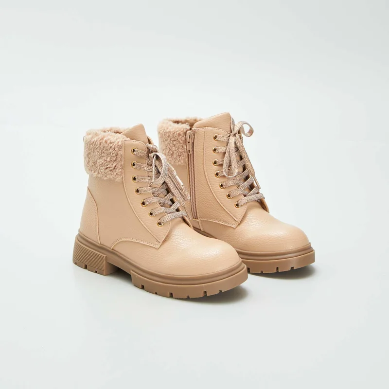 Faux Fur-Lined Ankle Boots Beige