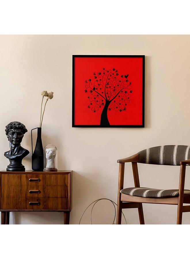 Ritwika's Abstract of Black Tree In Red Background Birds Flower Wall Art Painting With Black Frame For Home & Office Decor, Size 13.5 x 13.5 Inch, Set of 1 (Red & Black) - Image 4