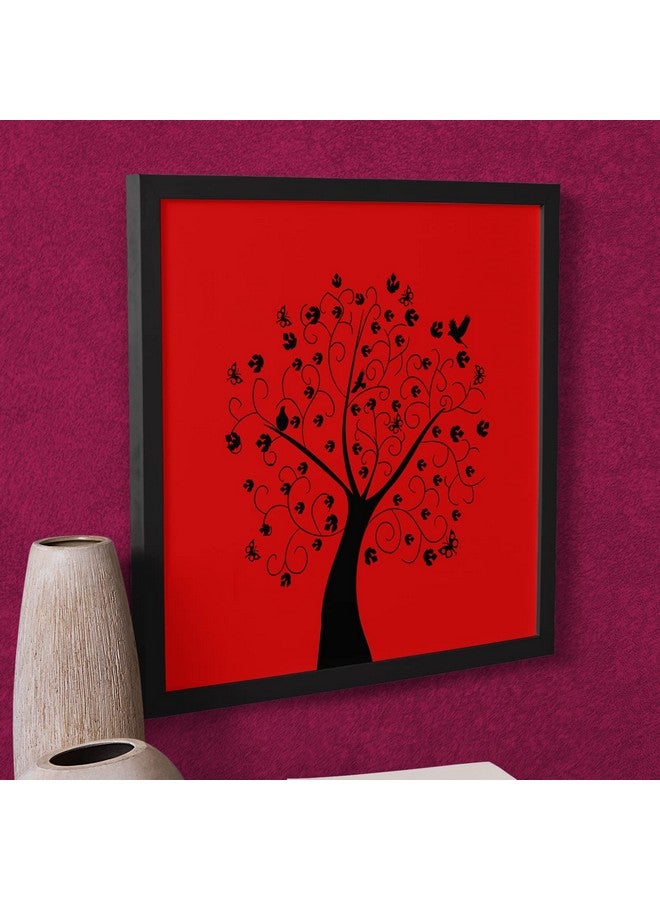 Ritwika's Abstract of Black Tree In Red Background Birds Flower Wall Art Painting With Black Frame For Home & Office Decor, Size 13.5 x 13.5 Inch, Set of 1 (Red & Black) - Image 2