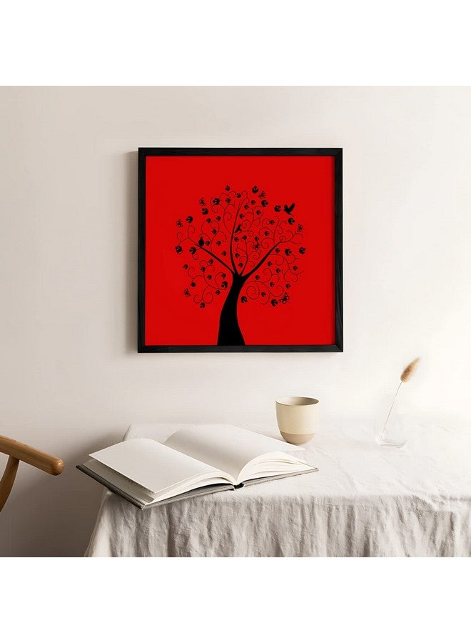 Ritwika's Abstract of Black Tree In Red Background Birds Flower Wall Art Painting With Black Frame For Home & Office Decor, Size 13.5 x 13.5 Inch, Set of 1 (Red & Black) - Image 3