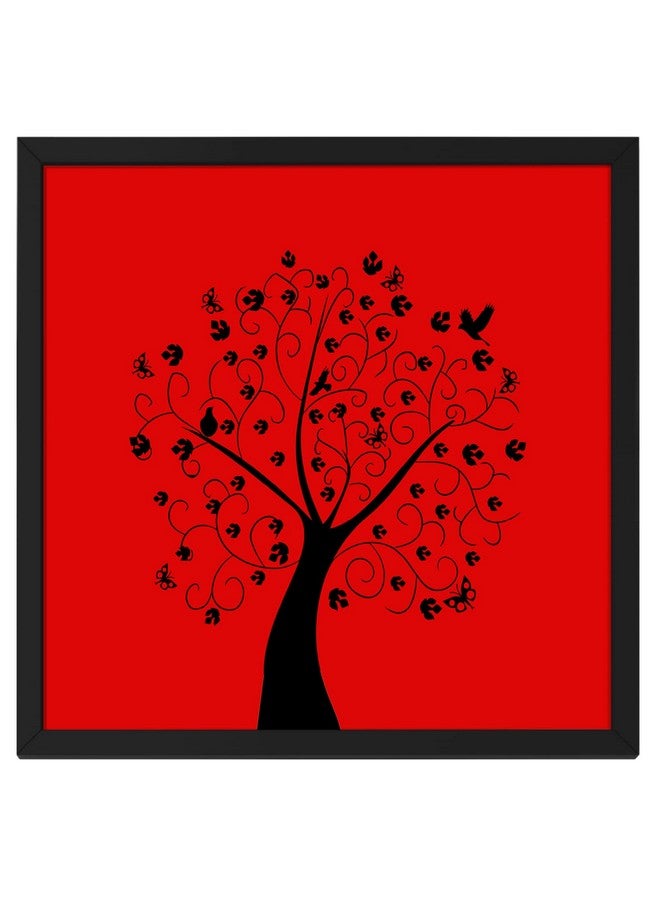 Ritwika's Abstract of Black Tree In Red Background Birds Flower Wall Art Painting With Black Frame For Home & Office Decor, Size 13.5 x 13.5 Inch, Set of 1 (Red & Black) - Image 1