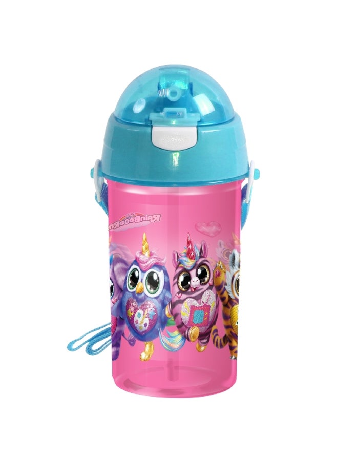 راينبوكورنز 112-85-09 زجاجة مياه قابلة لإعادة الاستخدام بفوهة منبثقة للشرب للأطفال مع حزام قابل للإزالة وردي وأزرق 500 مل