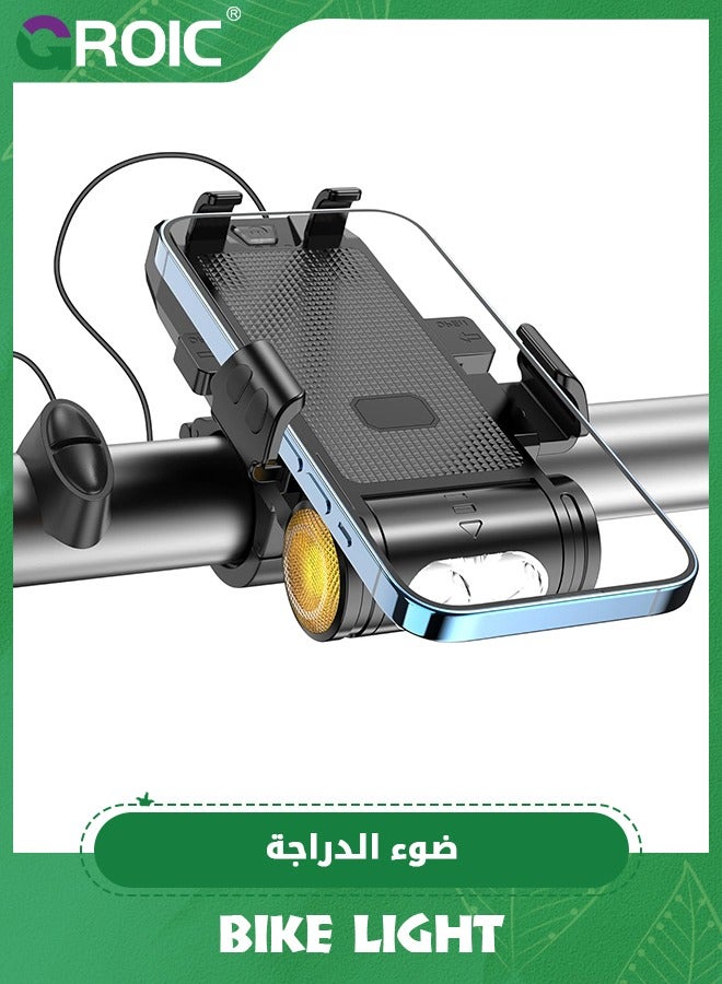 GROIC Bike Light, 4 Lighting Modes USB Rechargeable Bike Headlight, 5 in 1 Smartphone Holder LED Bike Light with Power Bank and Horn, 2000mAh Battery USB Rechargeable IPX5 Waterproof Bike Light - Image 1