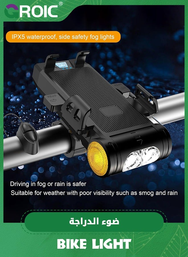 GROIC Bike Light, 4 Lighting Modes USB Rechargeable Bike Headlight, 5 in 1 Smartphone Holder LED Bike Light with Power Bank and Horn, 2000mAh Battery USB Rechargeable IPX5 Waterproof Bike Light - Image 3