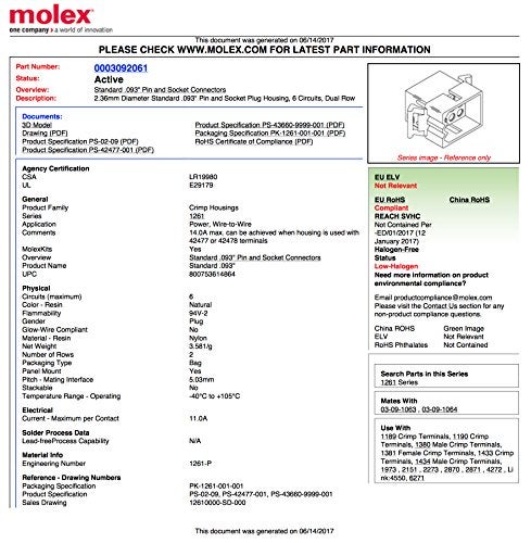 Molex 6 Pin Molex Connector Lot, 3 Matched Sets, w/18-22 AWG .093" Pins, Panel Mount - Image 5