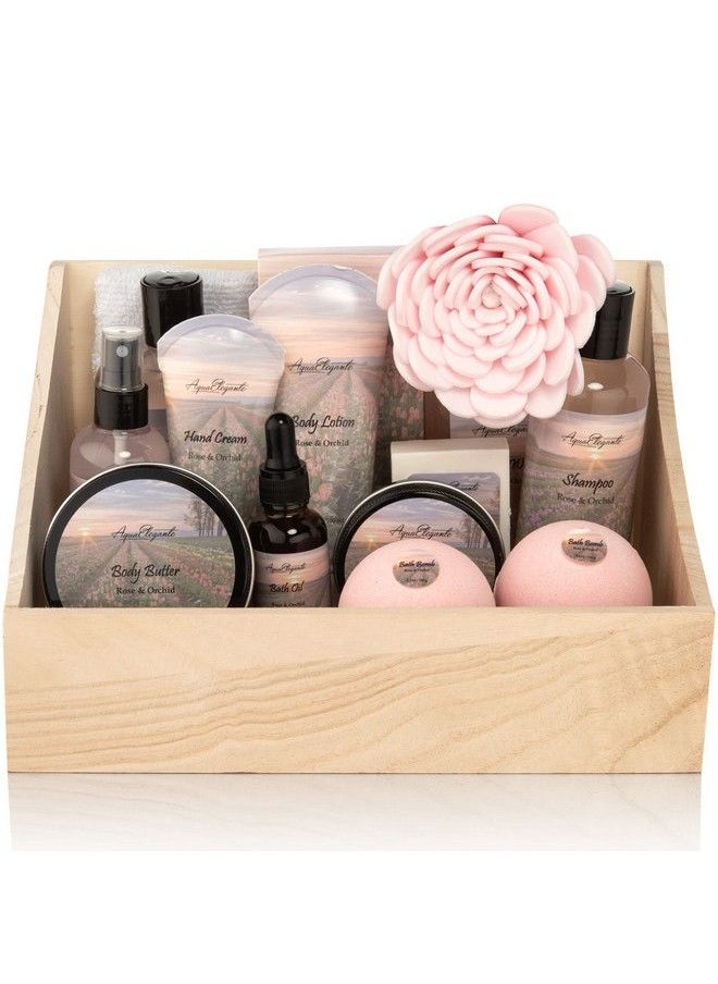 Aqua Elegante - Bath Spa Gift Sets Luxury Basket With Rose Oil & Orchid Spa Kit Includes Wash Bubble Bath Lotion Bath Salts Body Scrub Body Spray Shower Puff Bathbombs Soap And Towel - Image 1