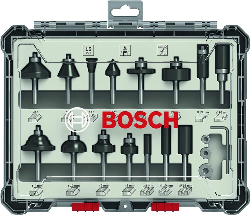 Bosch Professional 15 Pcs Router Bit Set With Mixed Bits 6Mm Shank Bits Suitable For Gkf 550 Plam Router And Gof 130 Router - Image 1