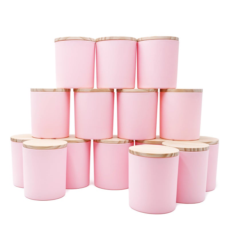 SHOWIN 10 OZ Thick Candle Jars for Making Candles 15 Pcs, Empty Jars with Wood Lids for Candle Making, Sample Container, Matte Pink - Image 1