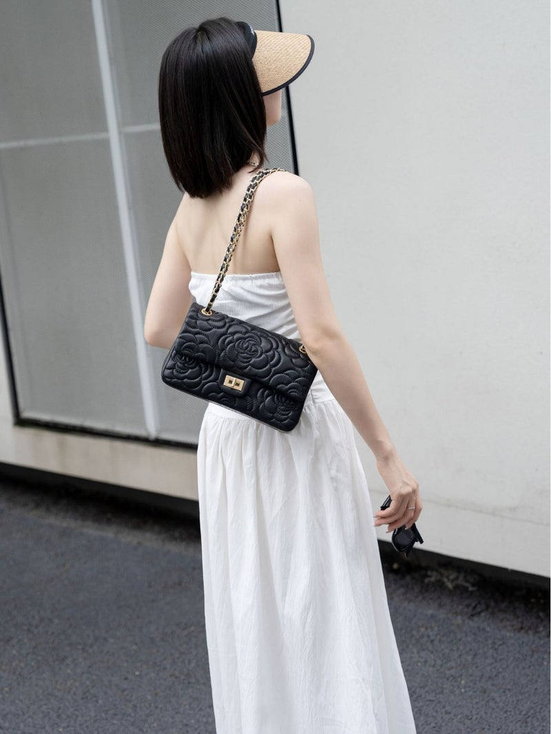 The First Layer Of Cowhide Small Fragrant Style Camellia Small Square Bag New Leather Women'S Bag Texture Foreign Style Diamond Lattice Chain Bag - Image 3