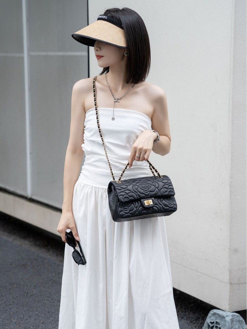 The First Layer Of Cowhide Small Fragrant Style Camellia Small Square Bag New Leather Women'S Bag Texture Foreign Style Diamond Lattice Chain Bag - Image 5