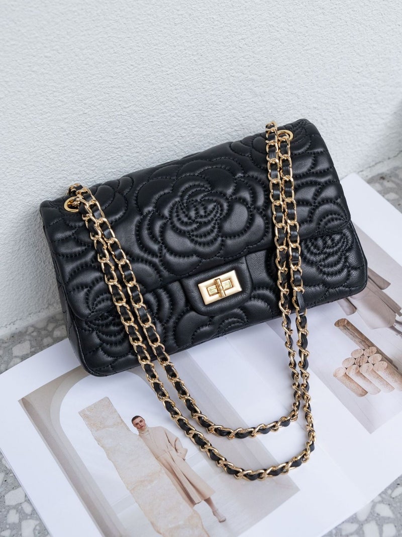The First Layer Of Cowhide Small Fragrant Style Camellia Small Square Bag New Leather Women'S Bag Texture Foreign Style Diamond Lattice Chain Bag - Image 2
