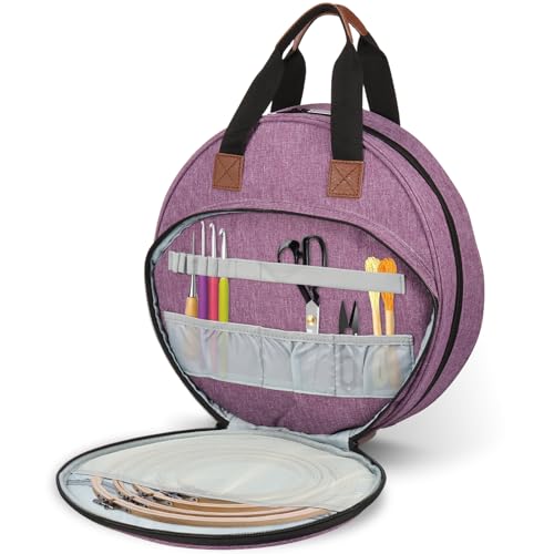 Muyoka Embroidery Project Bag, Embroidery Supplies Storage Carrying Tote Case with Multiple Pockets and Handle, Cross Stitch Bag, Double Layer Round Embroiderys Project Bags for Floss Hoops Thread (Purple) - Image 1