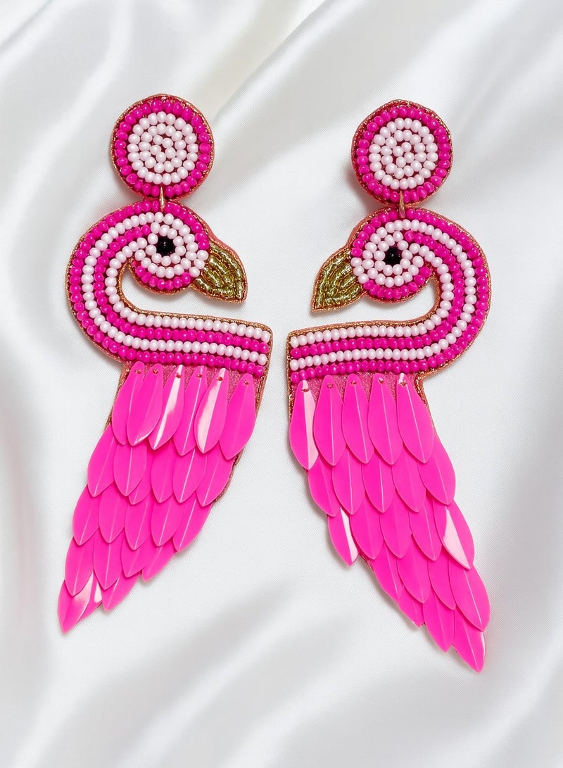 Ready For Chai Handmade Flamingo Beaded Earrings – Pink Statement Jewelry for Women, Boho Chic Dangle Earrings