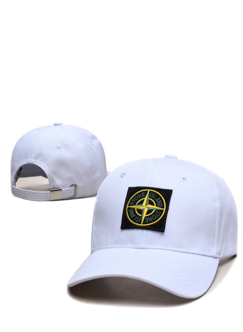Stone Island White Dad Hat: Compass Logo Patch  Adjustable Strap