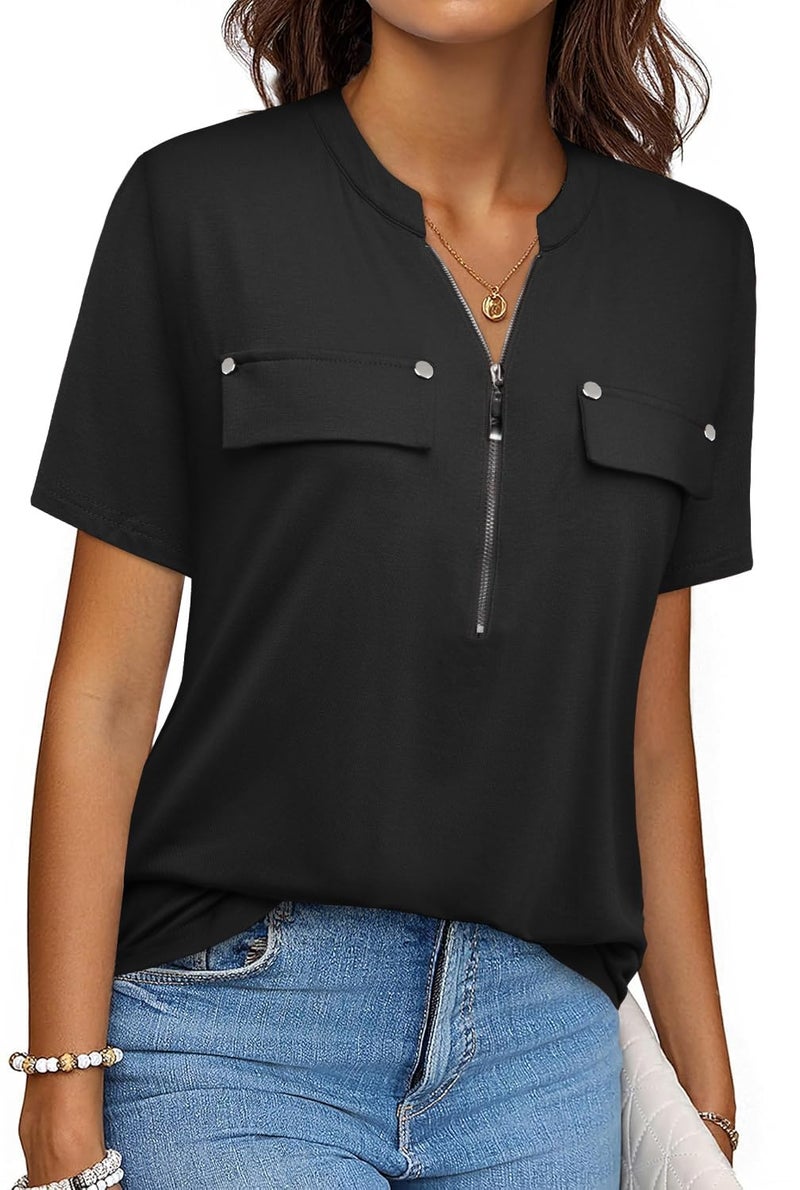 Bulotus Black Womens Tops Blouses for Leggings for Women-Ladies Petite Short Sleeve Casual Shirts Black S - Image 1