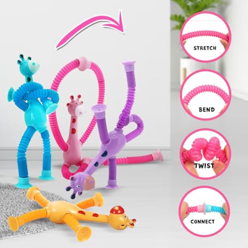 Wembley Telescopic Suction Toy for Kids| Fidget Toy for Kids| Set of Flexible Giraffes| Compact Travel Toys for 2 Years| Non-Toxic Baby Toys with LED Lights| with Suction Cups (5 Pcs, Assorted) - Image 4