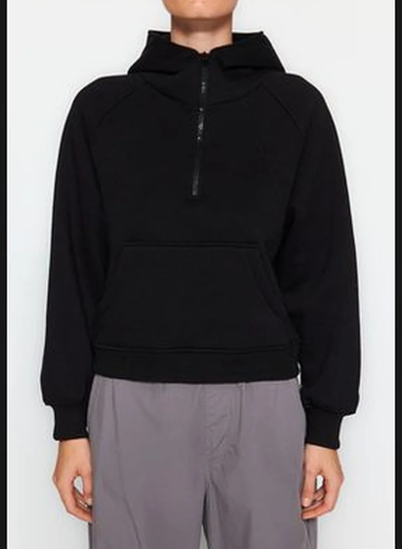 trendyol Black Hoodie with Zipper, Relaxed-Cut Crop, Fleece Inside, Knitted Sweatshirt TWOAW24SW00115.