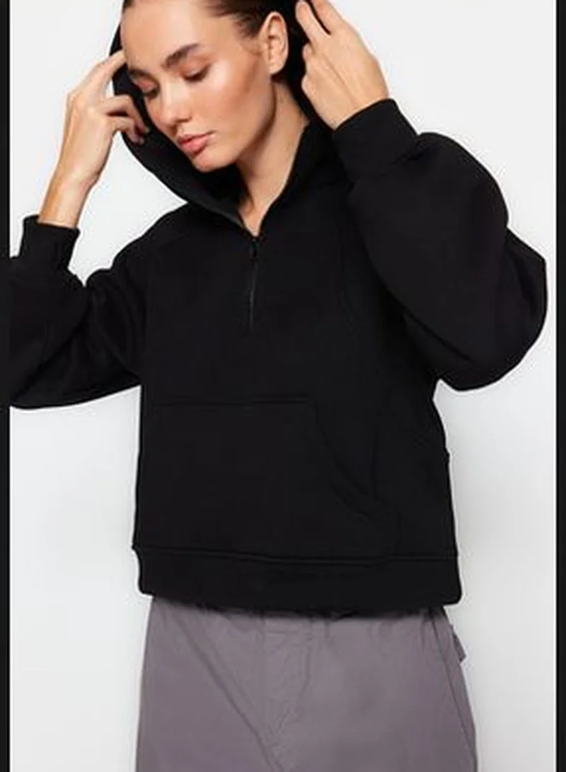 trendyol Black Hoodie with Zipper, Relaxed-Cut Crop, Fleece Inside, Knitted Sweatshirt TWOAW24SW00115.