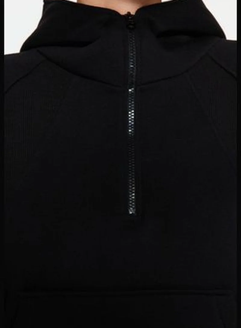 trendyol Black Hoodie with Zipper, Relaxed-Cut Crop, Fleece Inside, Knitted Sweatshirt TWOAW24SW00115.