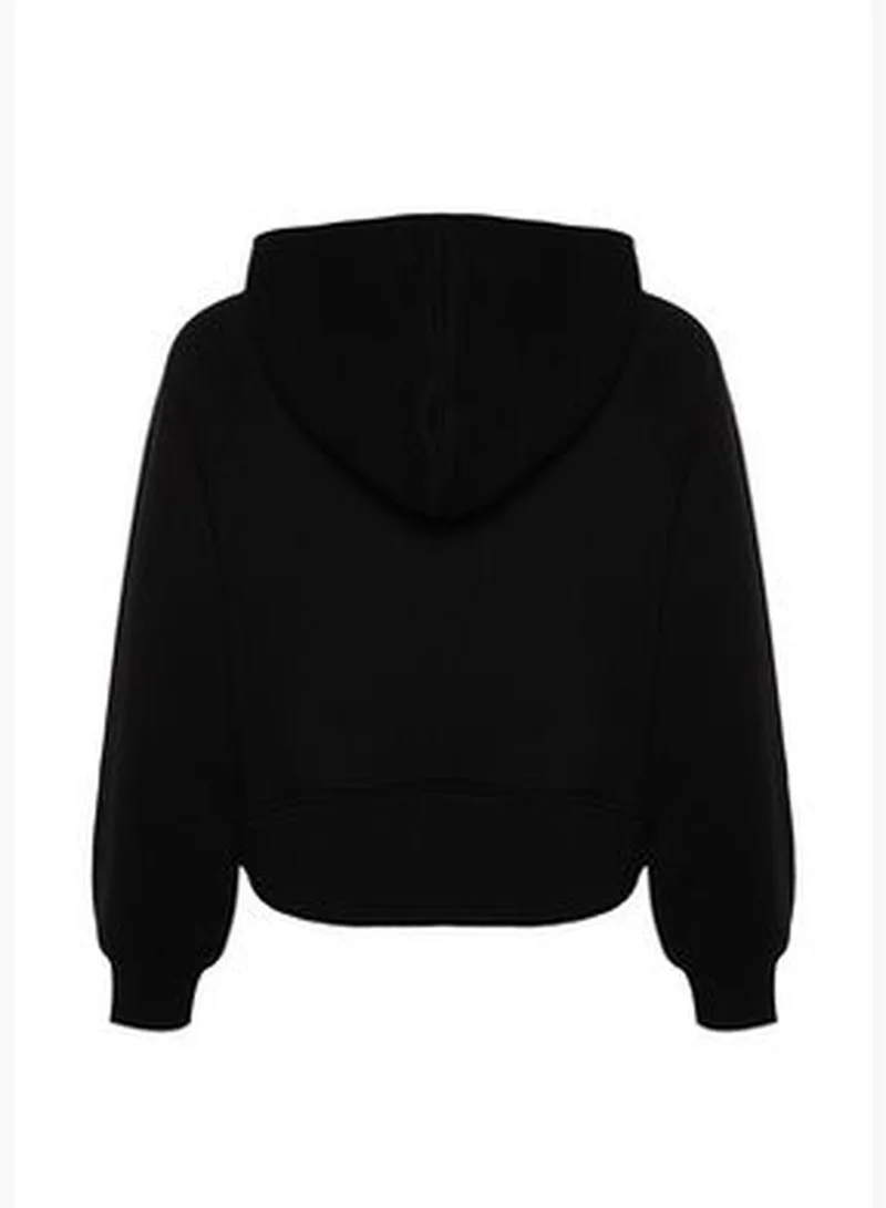 trendyol Black Hoodie with Zipper, Relaxed-Cut Crop, Fleece Inside, Knitted Sweatshirt TWOAW24SW00115.