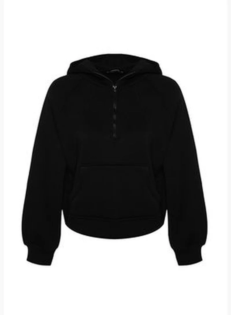 trendyol Black Hoodie with Zipper, Relaxed-Cut Crop, Fleece Inside, Knitted Sweatshirt TWOAW24SW00115.