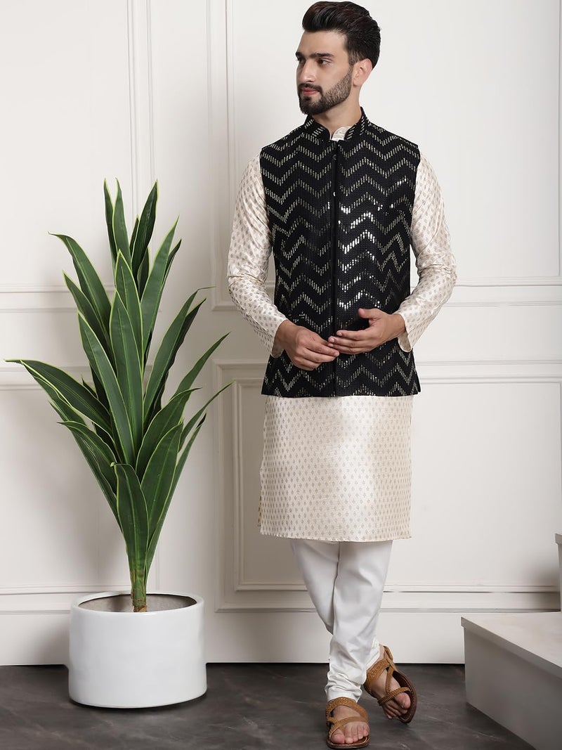 SOJANYA (Since 1958 Men's Silk Blend, Gold Sequence Embroidered Black Color Nehru Jacket - Image 5