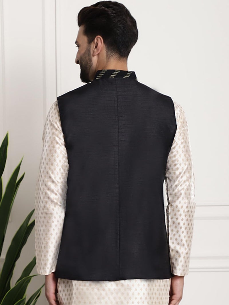 SOJANYA (Since 1958 Men's Silk Blend, Gold Sequence Embroidered Black Color Nehru Jacket - Image 3