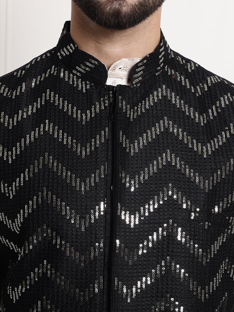 SOJANYA (Since 1958 Men's Silk Blend, Gold Sequence Embroidered Black Color Nehru Jacket - Image 4