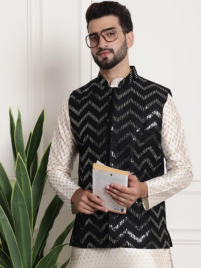 SOJANYA (Since 1958 Men's Silk Blend, Gold Sequence Embroidered Black Color Nehru Jacket - Image 2