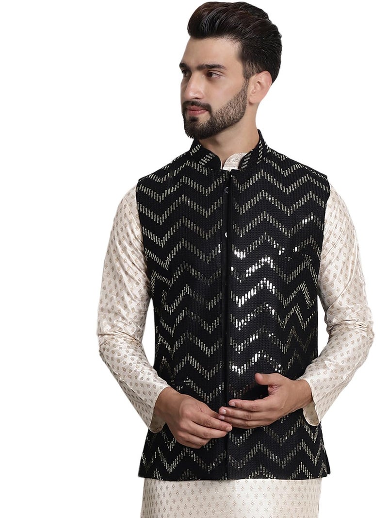 SOJANYA (Since 1958 Men's Silk Blend, Gold Sequence Embroidered Black Color Nehru Jacket - Image 1