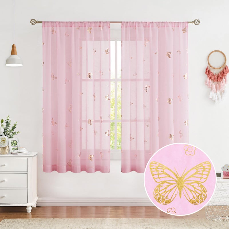 Jubilantex Pink Butterfly Sheer Curtains Gold Print Drapes for Baby Girls Nursery, Kids Bedroom 63 Inch Length Toddler Linen Textured Curtain Rod Pocket Window Treatment Sets, 2 Panels - Image 2