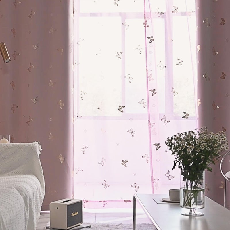 Jubilantex Pink Butterfly Sheer Curtains Gold Print Drapes for Baby Girls Nursery, Kids Bedroom 63 Inch Length Toddler Linen Textured Curtain Rod Pocket Window Treatment Sets, 2 Panels - Image 3