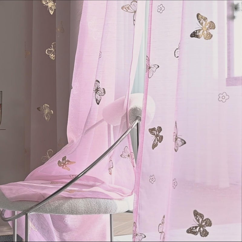 Jubilantex Pink Butterfly Sheer Curtains Gold Print Drapes for Baby Girls Nursery, Kids Bedroom 63 Inch Length Toddler Linen Textured Curtain Rod Pocket Window Treatment Sets, 2 Panels - Image 1