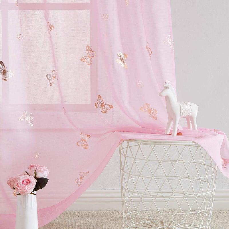 Jubilantex Pink Butterfly Sheer Curtains Gold Print Drapes for Baby Girls Nursery, Kids Bedroom 63 Inch Length Toddler Linen Textured Curtain Rod Pocket Window Treatment Sets, 2 Panels - Image 4