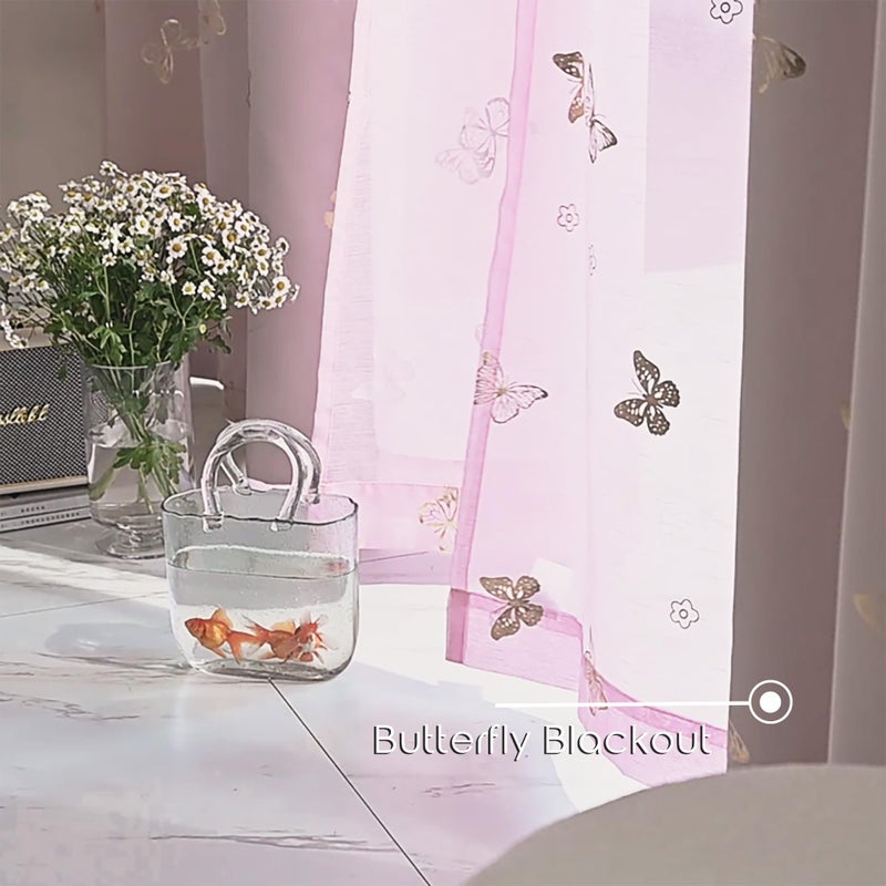 Jubilantex Pink Butterfly Sheer Curtains Gold Print Drapes for Baby Girls Nursery, Kids Bedroom 63 Inch Length Toddler Linen Textured Curtain Rod Pocket Window Treatment Sets, 2 Panels - Image 5