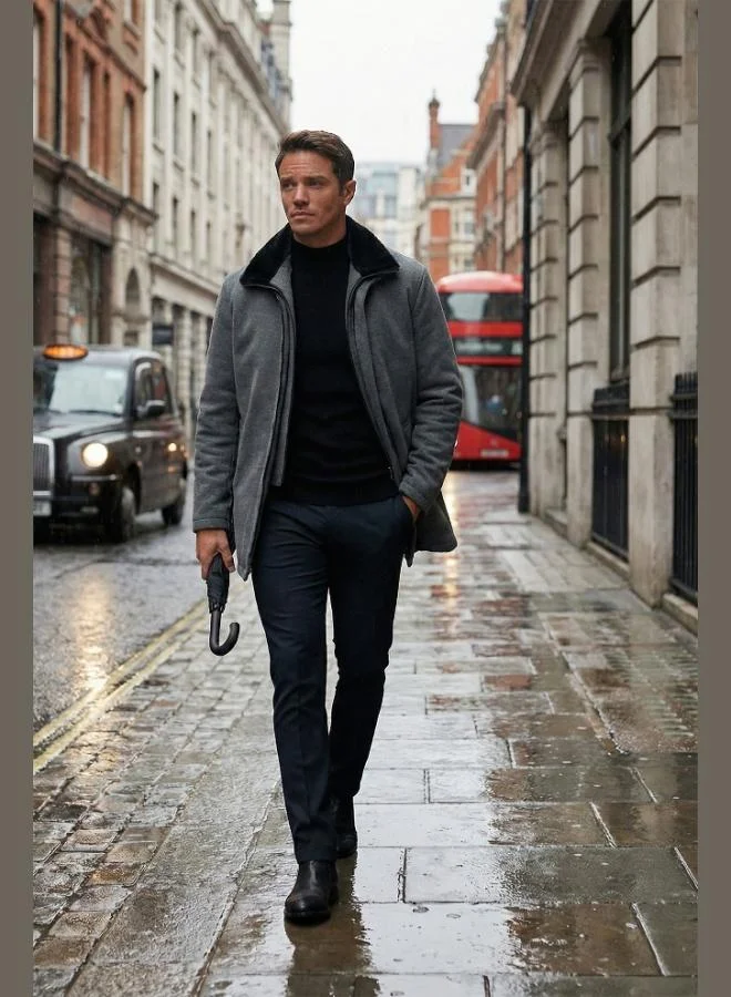 بوراتي معطف كشمير مبطن بتفاصيل وياقة فرو قابلة للإزالة بقصة ضيقة من بوراتي للرجال