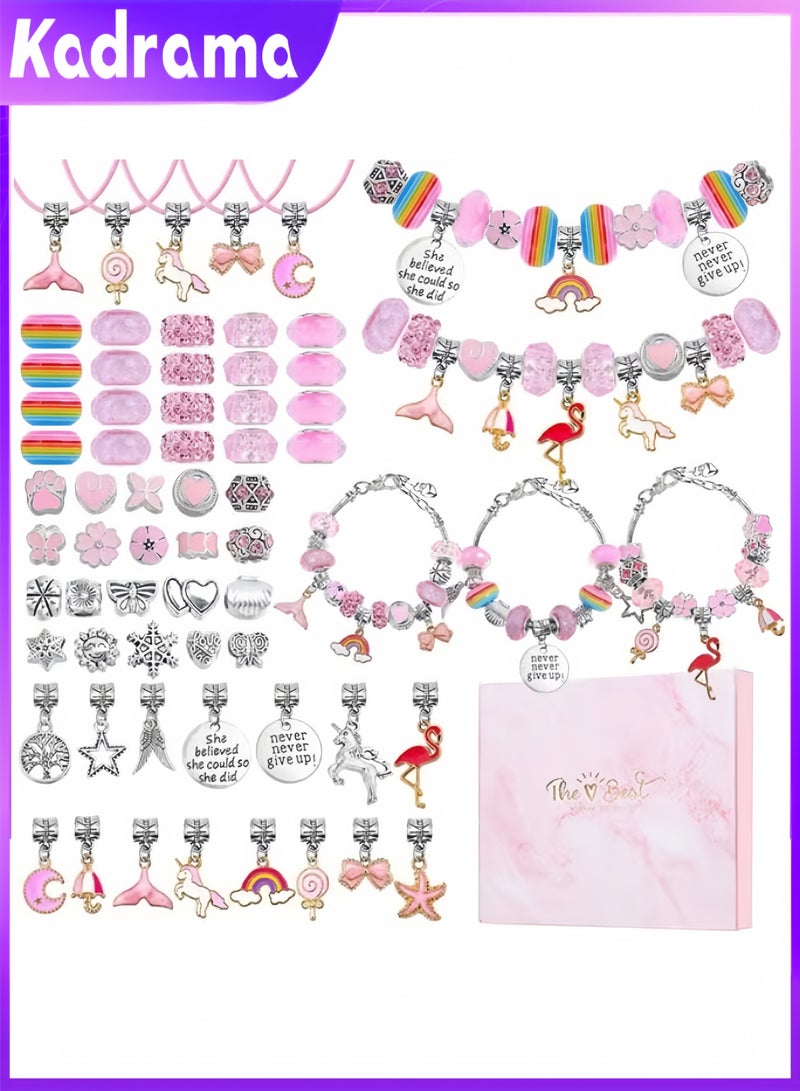 KADRAMA Diy Girls' Bracelet Making Set 63pcs Charm Bracelet Set with Beads Pendant Charm Bracelet String Crafts and Necklace Making Jewelry Making Supplies Girls' Gift - Image 1
