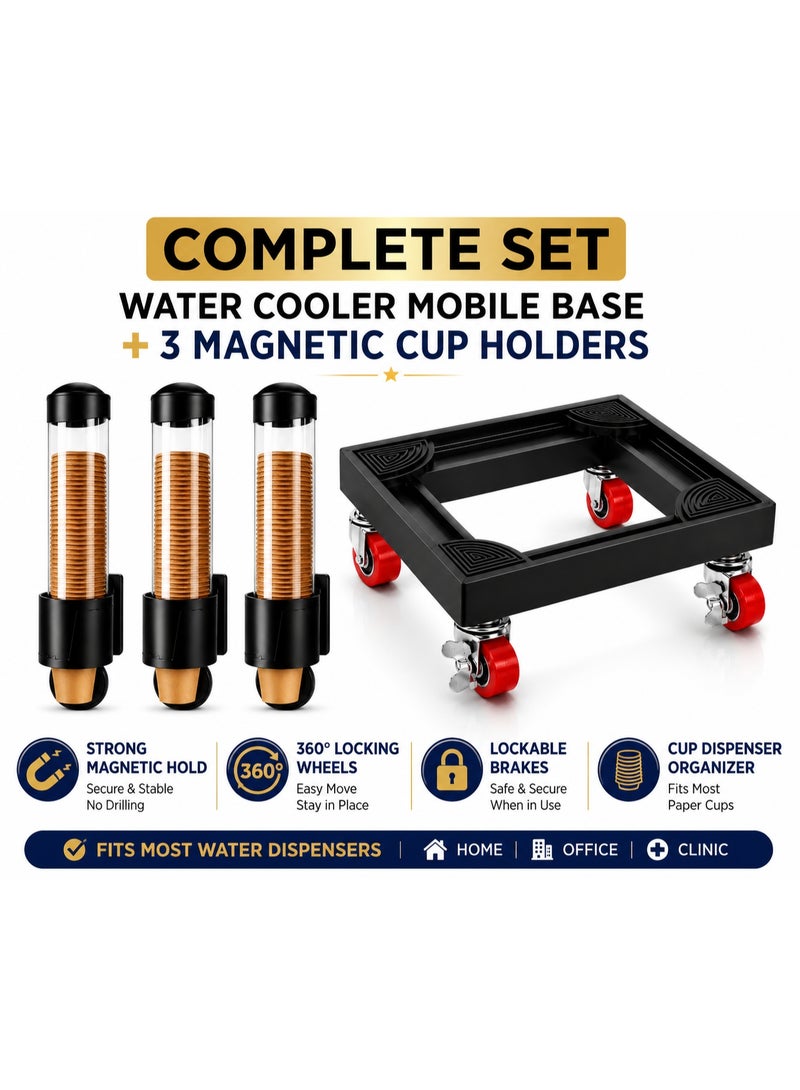 Water Cooler Mobile Base 33 × 33 cm with 3 Magnetic Cup Holders (38 cm) - Heavy Duty Water Dispenser Stand - 360° Swivel Locking Wheels - Cup Dispenser Organizer - Fits Most Water Coolers for Home, Office & Clinic - Image 2