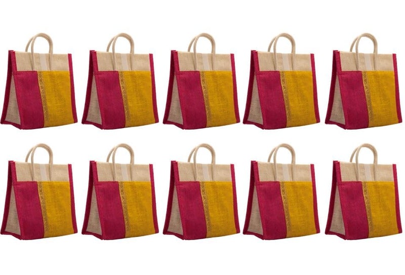 Soman Jute Thamboolam Bags for Return Gifts Lime Yellow and Hot Pink Combo - Pack of 10 bags - Image 1