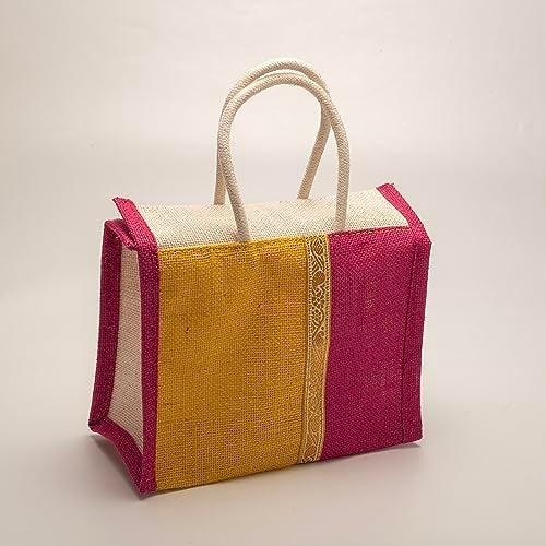 Soman Jute Thamboolam Bags for Return Gifts Lime Yellow and Hot Pink Combo - Pack of 10 bags - Image 4