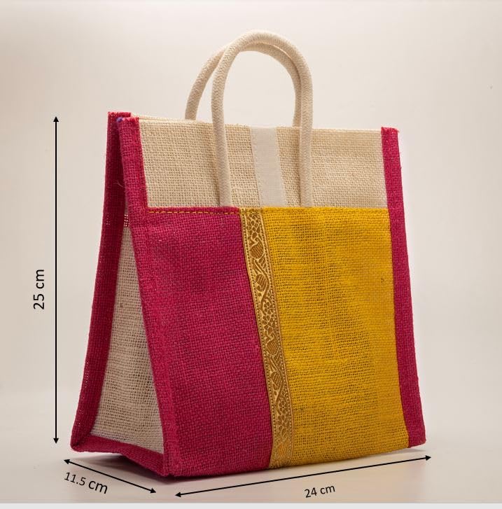 Soman Jute Thamboolam Bags for Return Gifts Lime Yellow and Hot Pink Combo - Pack of 10 bags - Image 3