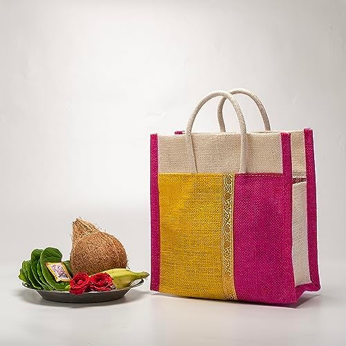 Soman Jute Thamboolam Bags for Return Gifts Lime Yellow and Hot Pink Combo - Pack of 10 bags - Image 2