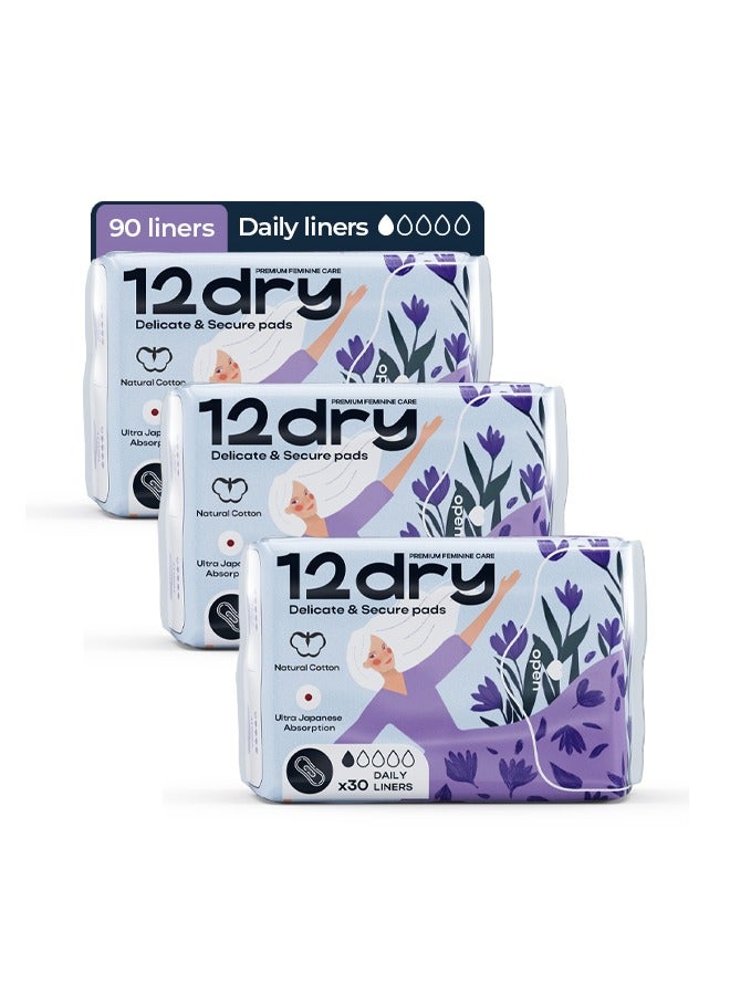 12dry Ultra-Thin Panty Liners, 3 Packs × 30 (Total 90 Liners) – Daily Freshness, Breathable, Leak-Proof, Odor Control, Soft & Comfortable, Secure Stay-Put Fit, Sustainable, FDA & CE Certified - Image 1