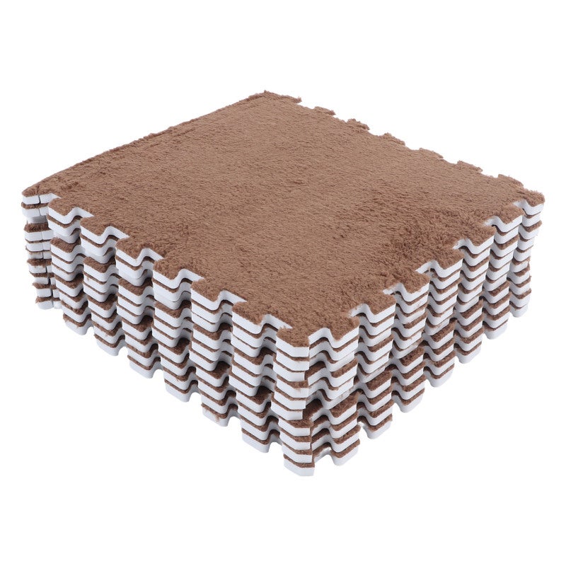 Plush Foam Floor Mat: 10pcs Coffee Coral Fleece, Detachable Design - Soft Non Slip, Interlocking Foam Mat for Baby Crawling, Home Bedside & Play Area - Image 1